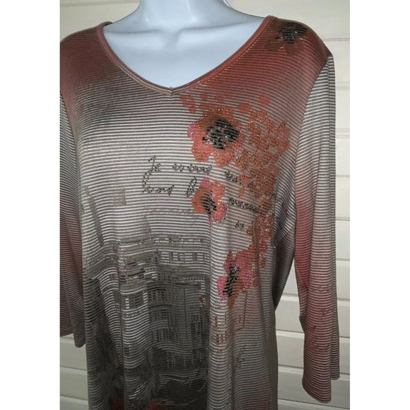Christopher Banks Sz MEDIUM Taupe Rusty Red Knit Pullover Tunic Bling Floral EUC - Picture 2 of 11